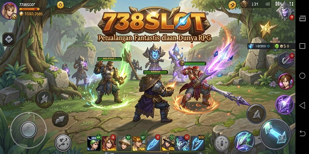 Screenshot gameplay 738SLOT yang menampilkan pertarungan epik karakter RPG.