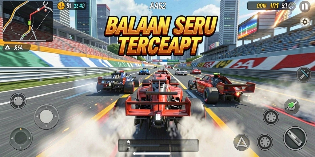 Screenshot gameplay AA62 menampilkan balapan seru dengan mobil cepat.