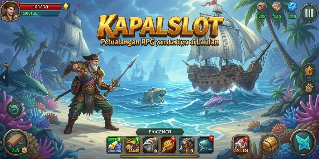 Screenshot KAPALSLOT menampilkan pertempuran epik di lautan.