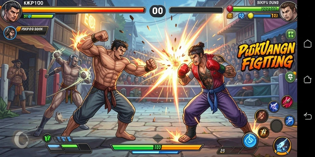 Tampilan gameplay KPK100 yang mendebarkan dalam arena pertarungan.