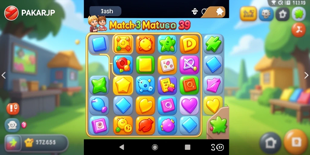 Tangkapan layar PAKARJP menampilkan gameplay Match-3 yang seru dan penuh warna.